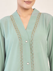 Sea Green Front Open Solid Hand Work Detailing Luxury Abaya Burqa For Women With Matching Hijab