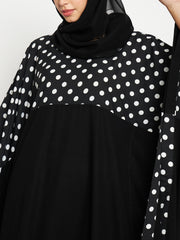 Black and White Polka Dot Printed Loose Fit Women Kaftan Abaya with Black Georgette Scarf