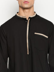 Embroidery Details Black Solid Cotton Men's Kurta Pajama Set