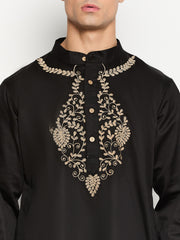 Mens Solid Embroidery Details Straight Sleeves Black Kurta