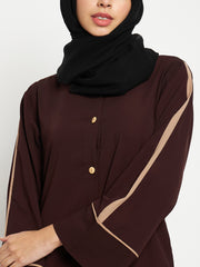 Front Open Solid Women Brown Abaya Burqa With Black Georgette Scarf