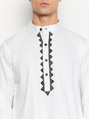 Embroidery Details Solid Straight Sleeves Mens White Kurta