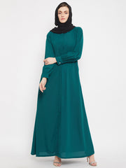 Front Open Bottle Green Solid Mandarin Collar Abaya Burqa With Black Hijab