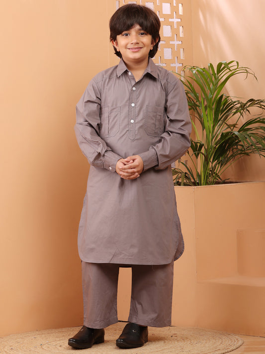 Grey solid Pathani Kurta Pajama Set For Kids Boys