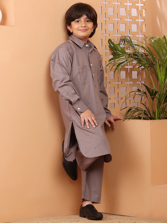 Grey solid Pathani Kurta Pajama Set For Kids Boys