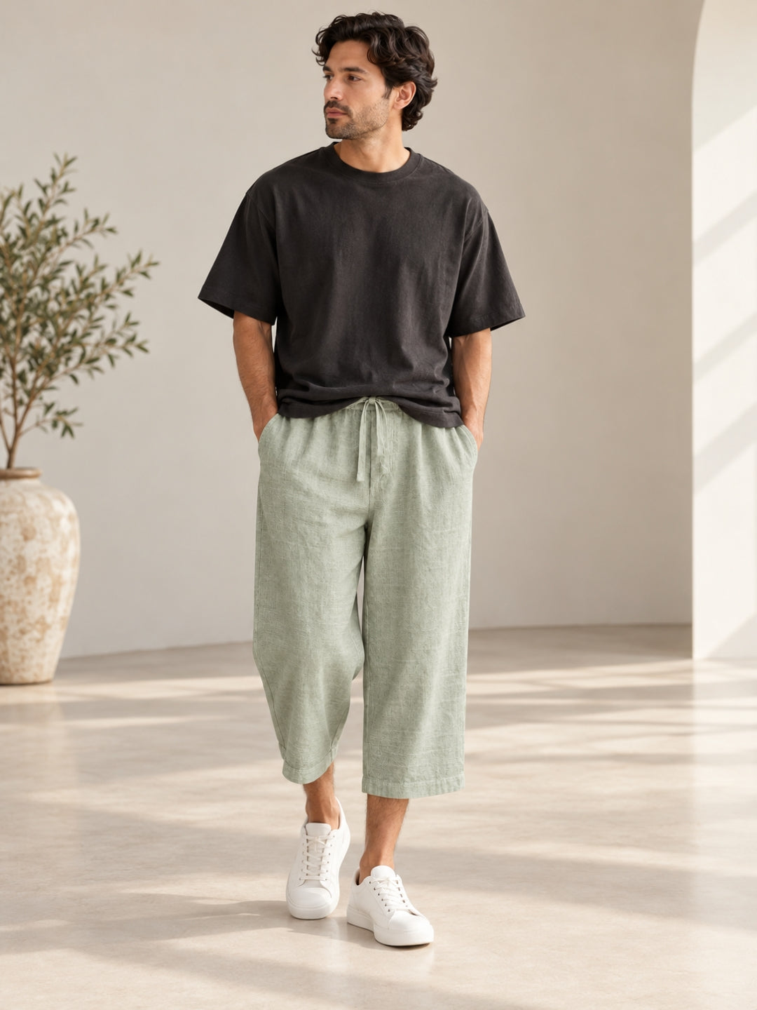 Sage Green Loose Linen Shorts for Men – Cropped Casual Wear trousers