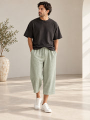 Sage Green Loose Linen Shorts for Men – Cropped Casual Wear trousers