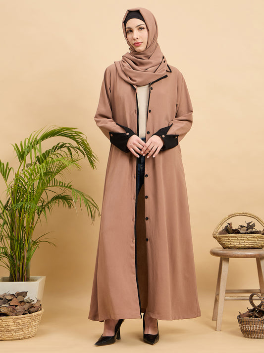 Front Open Modest Beige Coat-Style Abaya with Matching Hijab