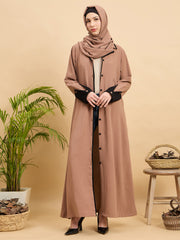 Front Open Modest Beige Coat-Style Abaya with Matching Hijab