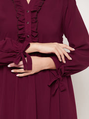 Maroon Ruffle Design Abaya for Women with Black Georgette Scarf