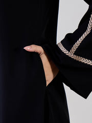 Front Open Embroidered Bell Sleeves Black Abaya Burqa With Black Georgette Hijab