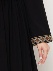 Solid Black Embroidery Design Abaya Dress with Black Georgette Hijab