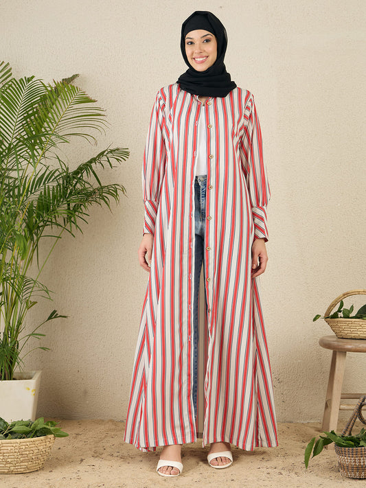 Front Open Striped Printed Abaya with Black Hijab