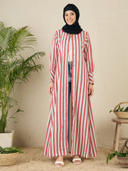 Front Open Striped Printed Abaya with Black Hijab