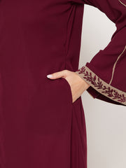 Maroon Embroidery Work Front Open Abaya for Women with Black Georgette Scarf