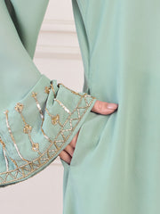 Sea Green Front Open Solid Hand Work Detailing Luxury Abaya Burqa For Women With Matching Hijab