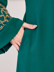 Front Open Bottle Green Solid Hand Work Detailing Luxury Abaya Burqa For Women With Matching Hijab