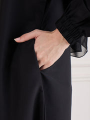 Front Open Zip-Closure Black Kashibo Abaya Burqa Paired With Black Georgette Hijab