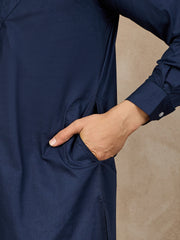 Blue Solid Cotton Pathani Kurta Pajama Set For Men