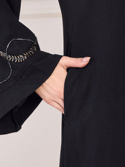 Handwork Detailing & Bell Sleeves Black Solid Luxury Abaya Burqa for Women with Black Hijab