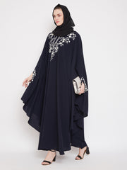 Blue Chikan Hand Embroidered Irani Kaftan Abaya for Women with Black Georgette Hijab