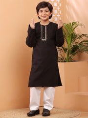 Embroidery Detailing Black Solid Kids Boy's Kurta Pajama Set