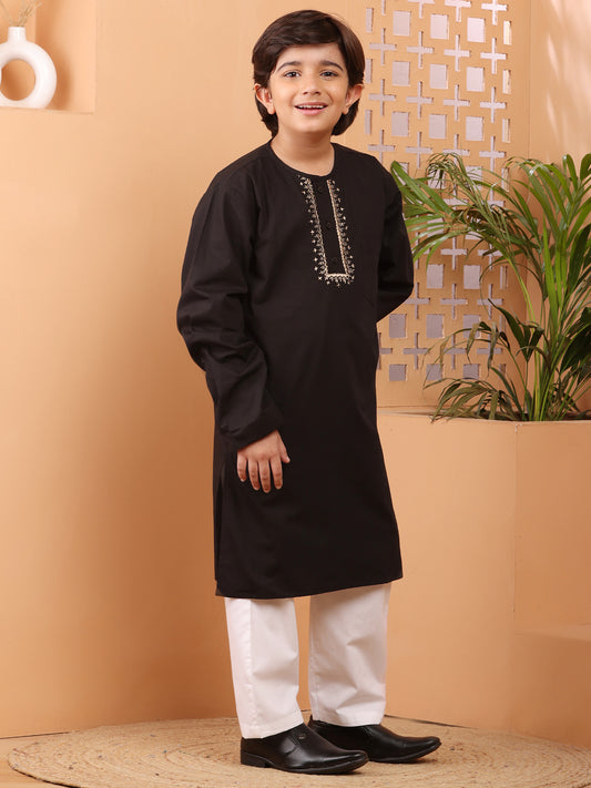 Embroidery Detailing Black Solid Kids Boy's Kurta Pajama Set