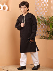 Embroidery Detailing Black Solid Kids Boy's Kurta Pajama Set