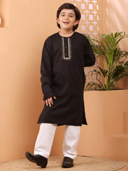 Embroidery Detailing Black Solid Kids Boy's Kurta Pajama Set