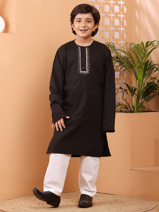 Embroidery Detailing Black Solid Kids Boy's Kurta Pajama Set