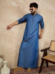 Blue Solid Denim Zip Closure Arabic Jubba / Thobe For Men