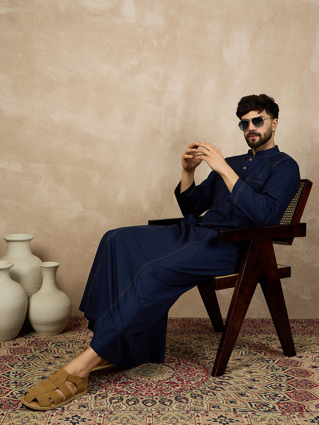 Men's Blue Solid Thread Detailing Cotton Arabic Jubba / Thobe