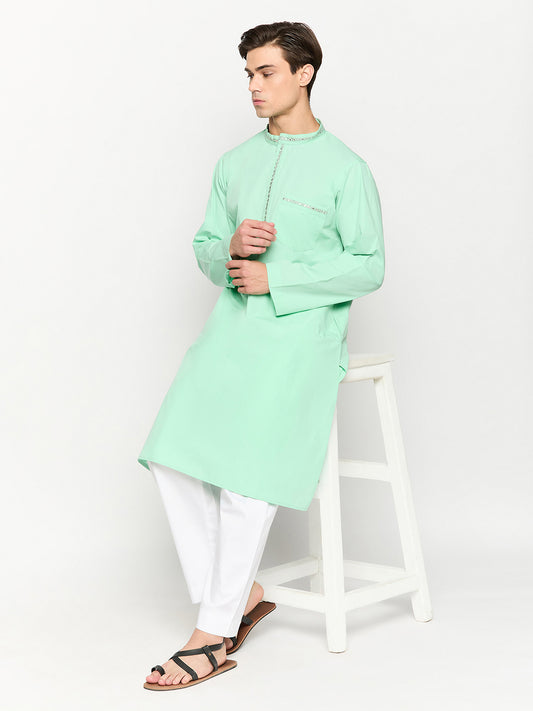 Sea Green Solid Embroidery Details Cotton Men's Kurta Pajama Set