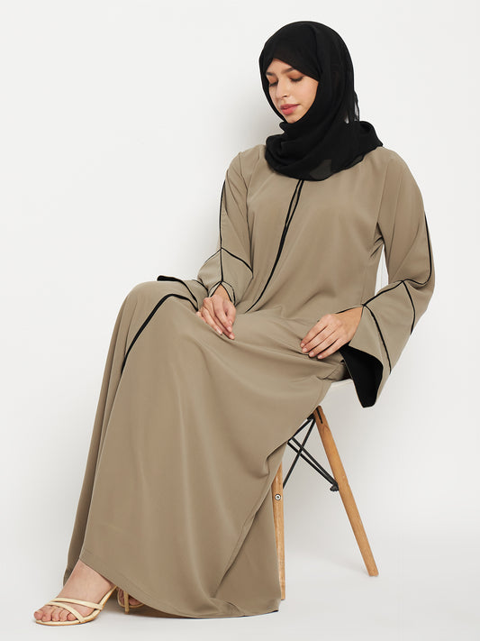 Beige A-Line Black Piping Design Abaya for Women with Black Georgette Hijab