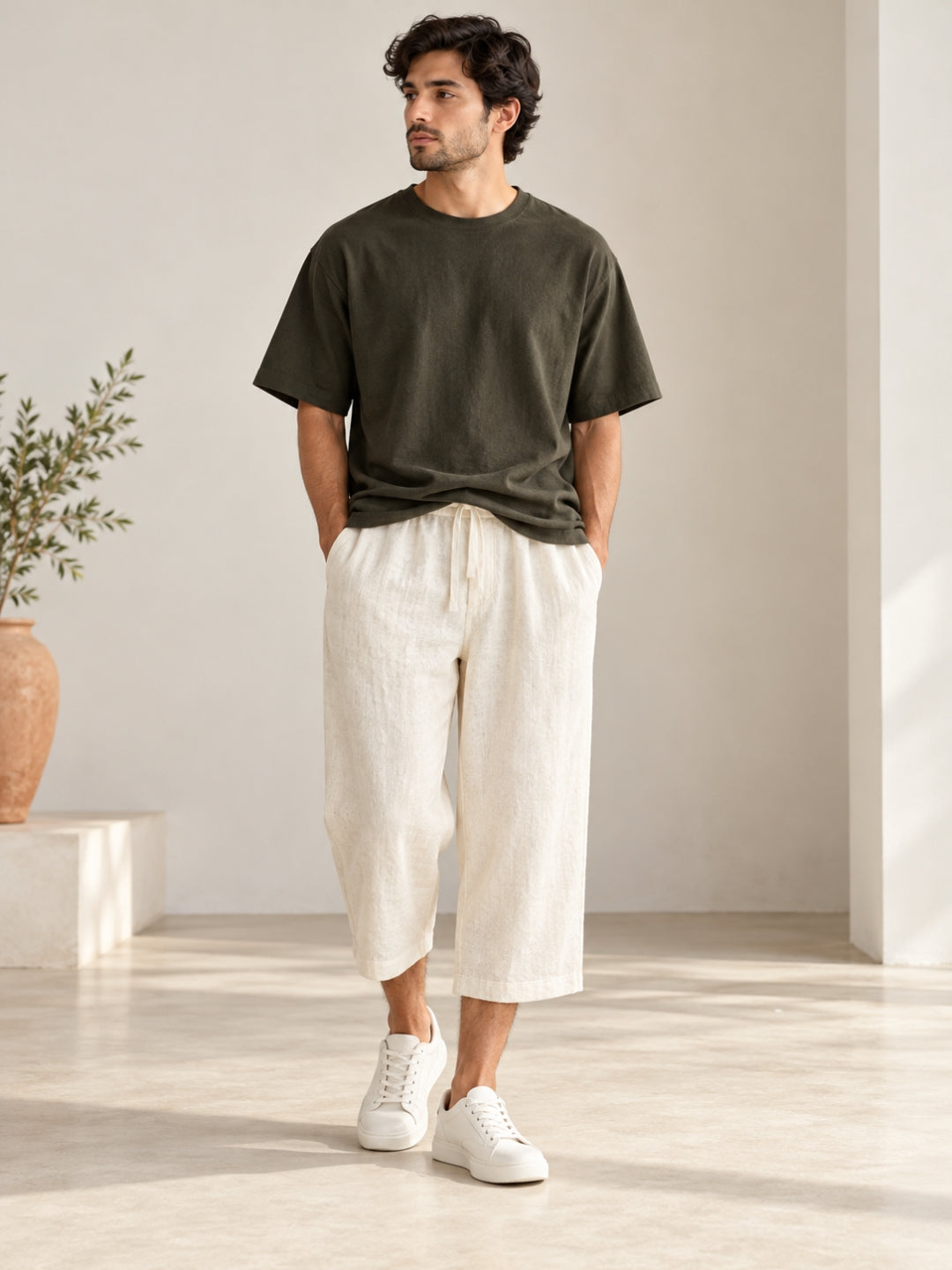 Off White Loose Linen Shorts for Men – Cropped Casual Wear trousers