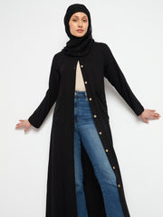 Black Rayon Front Open Abaya for Women with Black Georgette Scarf