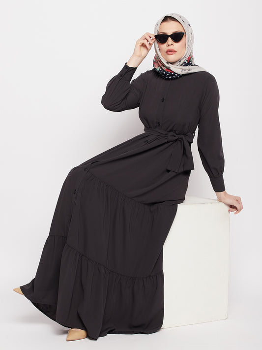 Frilled Olive Black Abaya Burqa For Women With Belt and Black Hijab