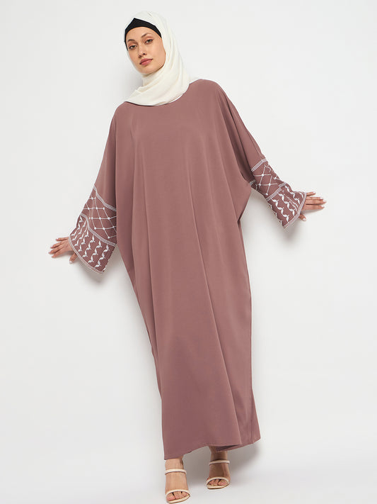 Puce Pink Kefiyyeh Embroidery Abaya With Black Hijab