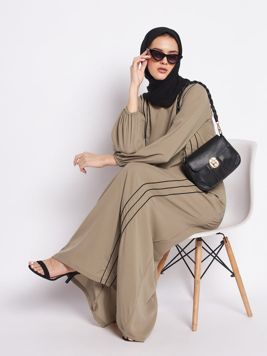 Beige A-Line Abaya with Both Side Black Piping for Women with Black Georgette Hijab