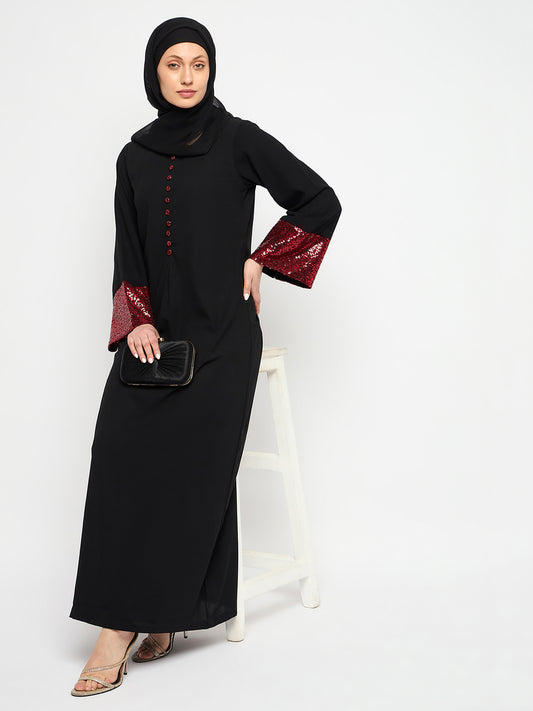 Embroidery Work Black Abaya For Women With Black Georgette Scarf