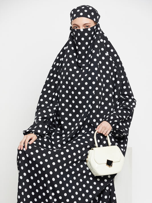 Black and White Polka Printed One Piece Free Size Jilbab for Girls and Women