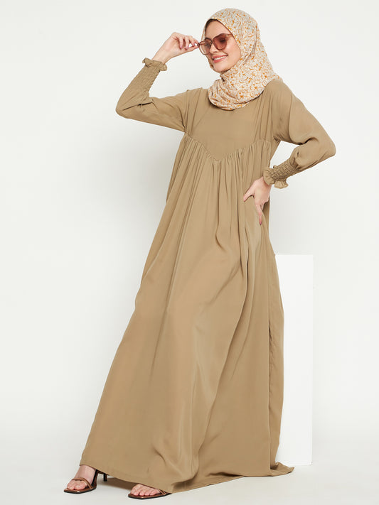 Beige A-Line Abaya Dress for Women with Black Georgette Hijab