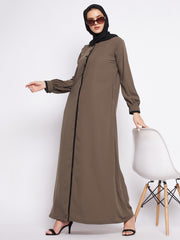 Oat Color Piping Design Abaya for women with Black Georgette Scarf