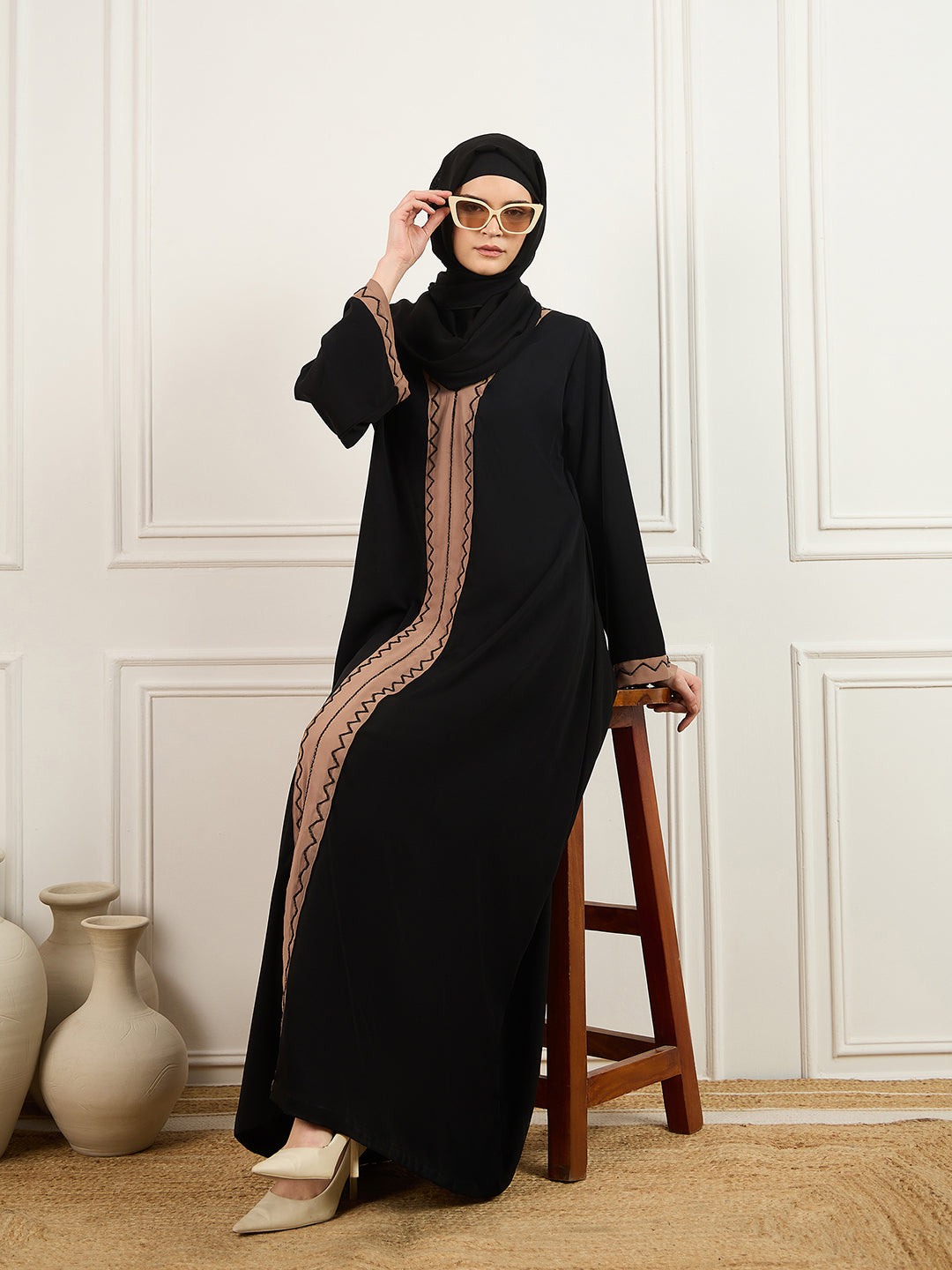 Black and Beige Solid Luxury Handworked Abaya Burqa with Black Georgette Hijab
