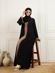 Black and Beige Solid Luxury Handworked Abaya Burqa with Black Georgette Hijab