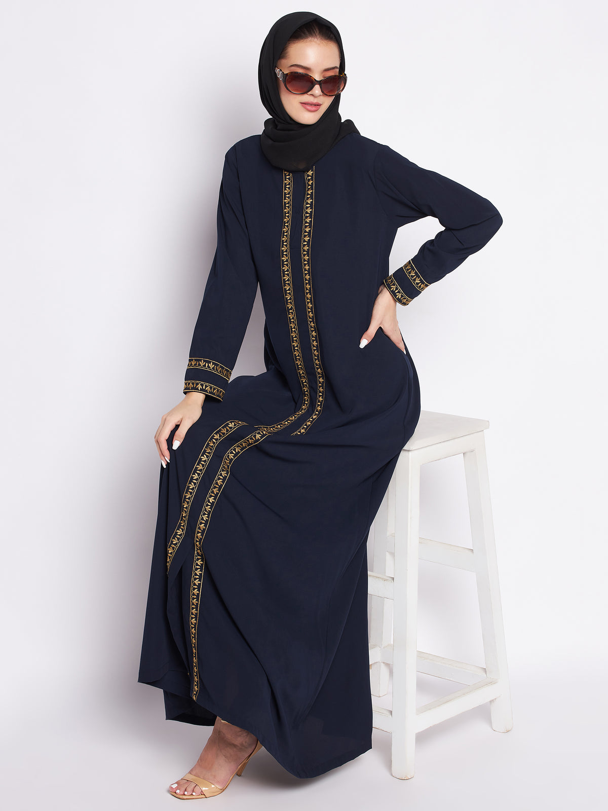 A-Line Blue Embroidery Design Abaya with Black Georgette Hijab