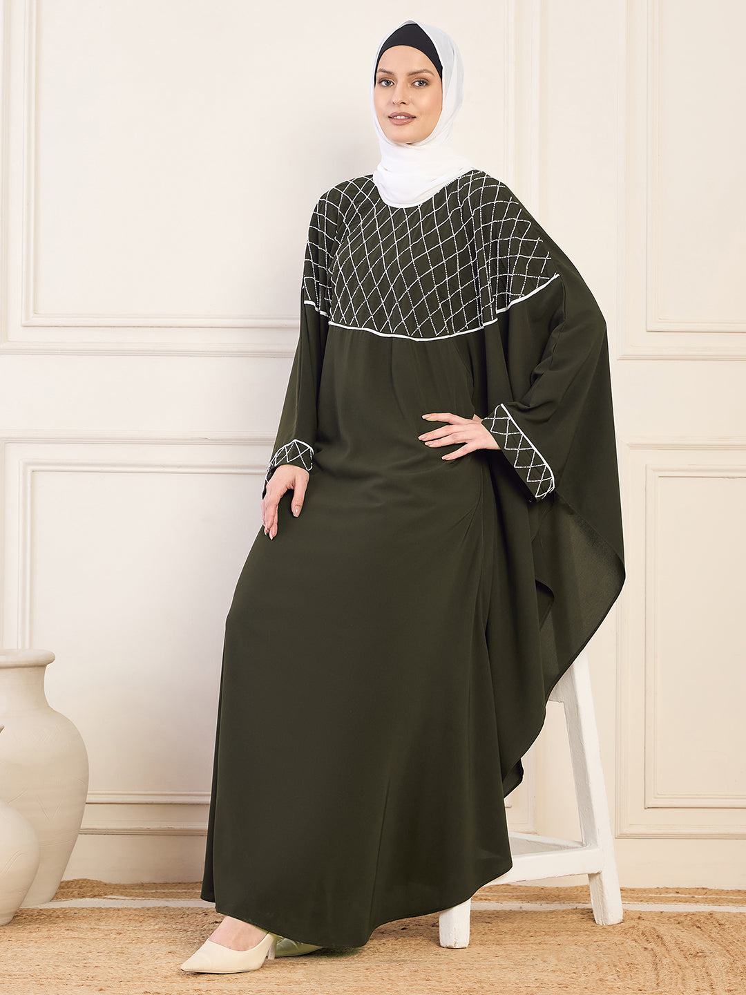 Handworked Olive Green Solid Luxury Kaftan Abaya for Women with White Georgette Hijab