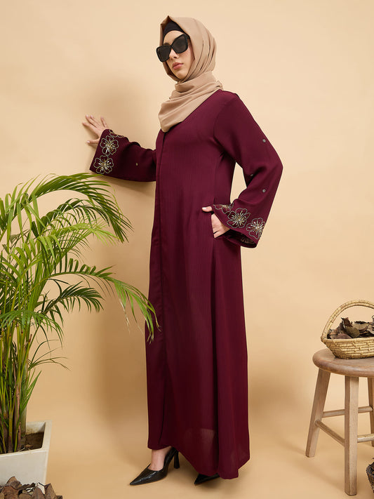 Luxury Hand worked Modest Maroon Abaya Burqa with Beige Hijab