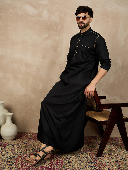 Men's Arabic Black Solid Cotton Thobe With Piping Detailing