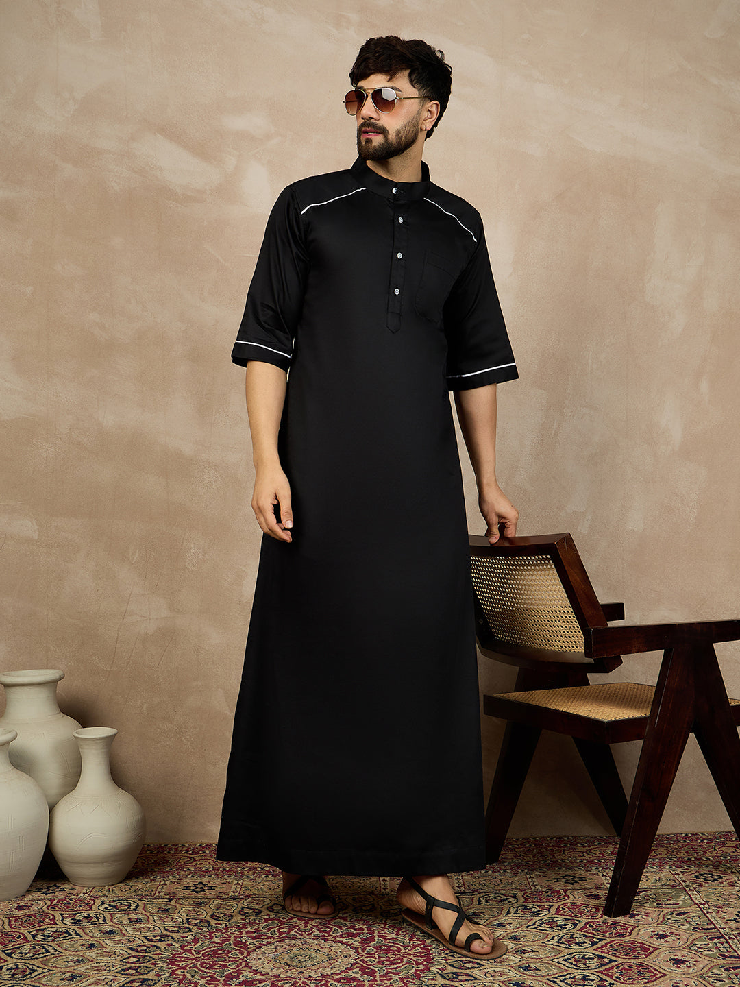 Black Solid Half Sleeve Cotton Arabic Thobe/Jubba For Men